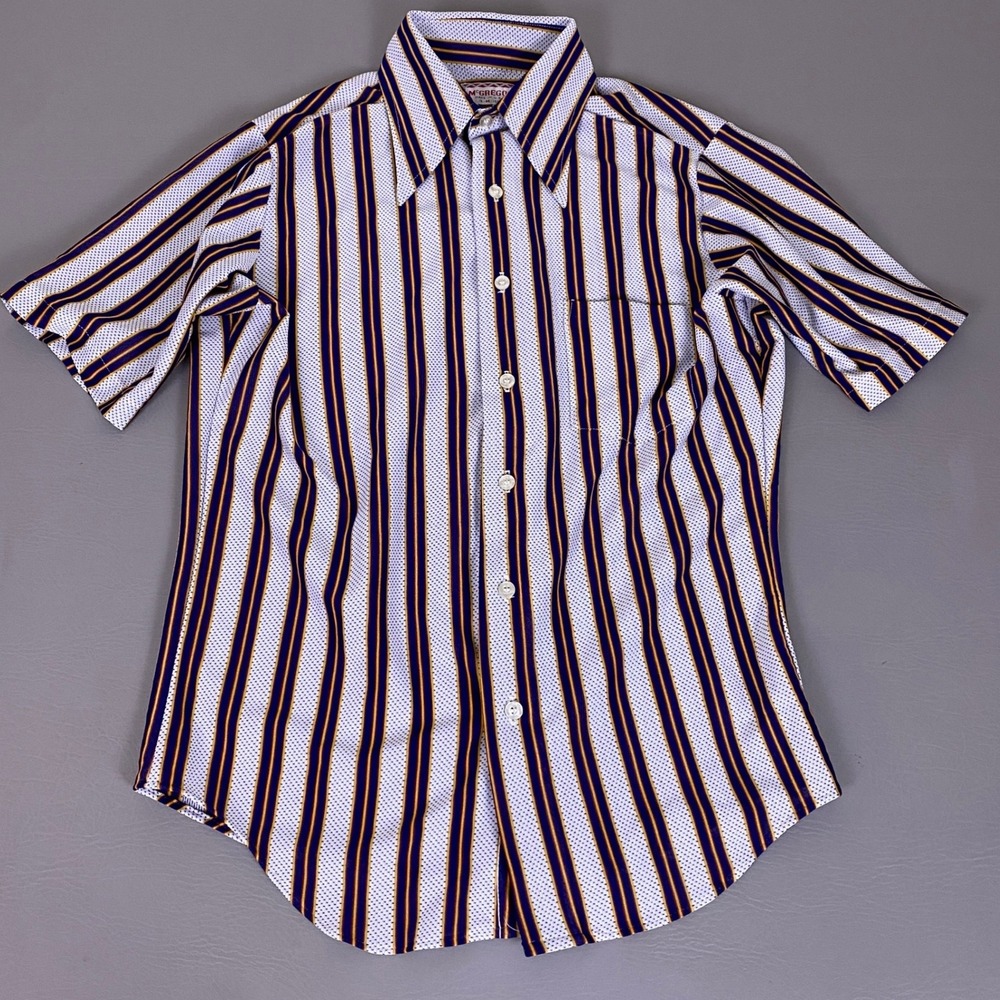 Vintage‎ McGregor Button Up Shirt 70s Men's Medium Striped Short Sleeve Blue USA